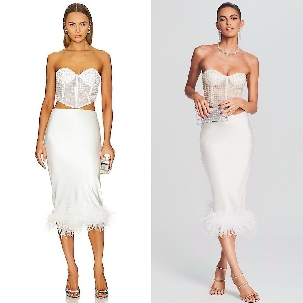NWT RETROFETE Ivory Satin Genuine Ostrich Feather‎ Trim Hem Midi Pencil Skirt XS